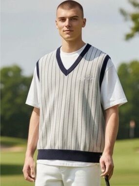 Bogey Boys v neck vest gray with navy pinstripes golf